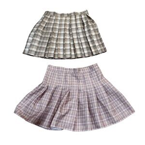2 plaid pleated mini skirts, brown/white tan/gray, zipper closures, checkered S.
